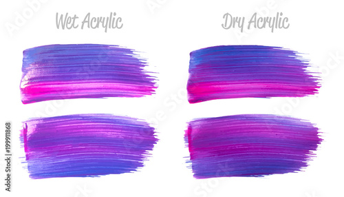 Vector purple and blue paint smear stroke stain set. Abstract acrylic textured art illustration. Acrilyc Texture Paint Stain Illustration. Hand drawn brush strokes vector elements. Acrilyc strokes.
