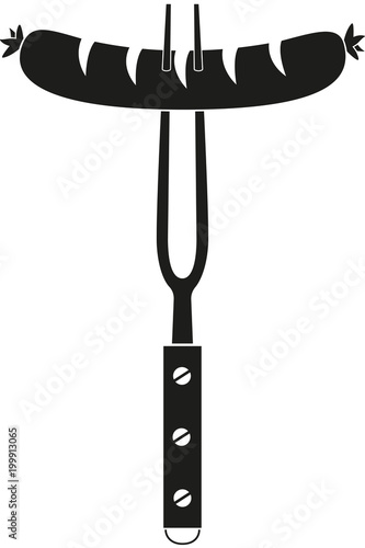 Black and white hot dog sausage on fork silhouette