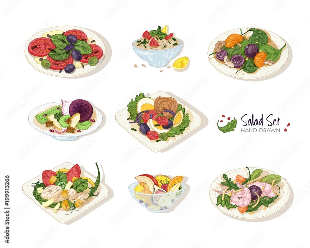 Collection of various salads lying on plates and in bowls isolated on white background - Tabbouleh, Nicoise, Caesar, Waldorf, fruit. Set of hand drawn healthy restaurant meals. Vector illustration. Collection of various salads lying on plates and in bowls isolated on white background - Tabbouleh, Nicoise, Caesar, Waldorf, fruit. Set of hand drawn healthy restaurant meals. Vector illustration.