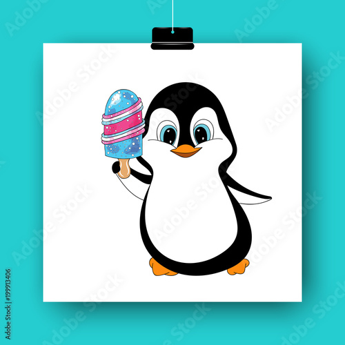 Cartoon penguin with ice cream isolated on white. Hand drawn vector illustration. Doodle art. Colorful yummy dessert and cute character. Element for poster, banner, menu, label, flyer, sticker, card