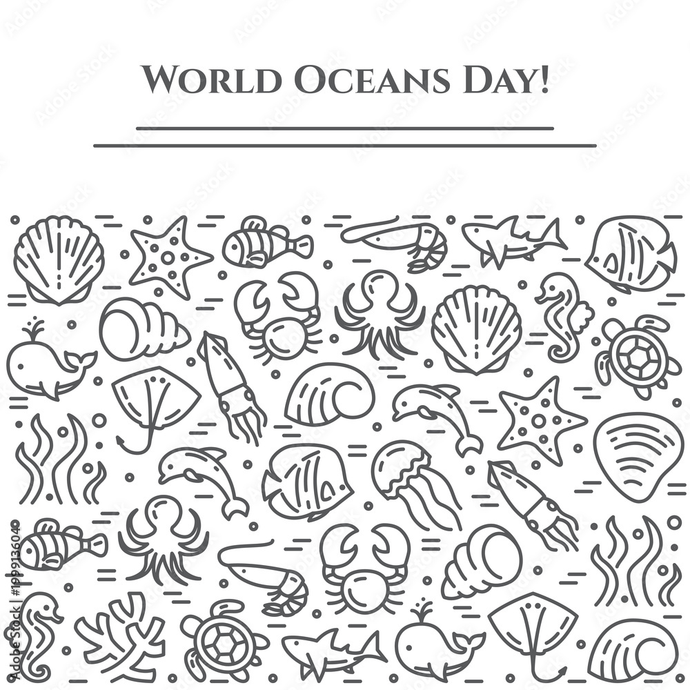 World oceans day theme black and white banner - pictograms of fish, shell, shark, dolphin, turtle and other sea creatures related line elements.