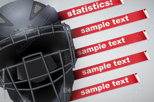 Background of Baseball sports. Infographic of list and schedule of players and statistics. Catcher mask helmet on spase for text. Vector Illustration.
