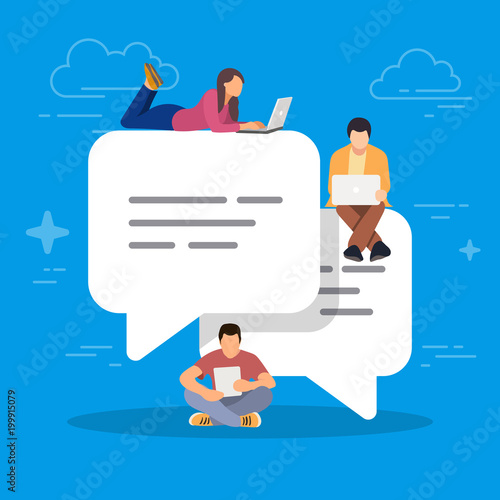Speech bubbles for comment and reply. Young people using mobile smartphone for texting and leaving comments in social networks. Guys and women sitting. Concept vector illustration on blue background.