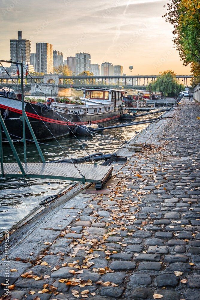 Obraz premium Houseboats on a paved bank of the river Seine, Paris France