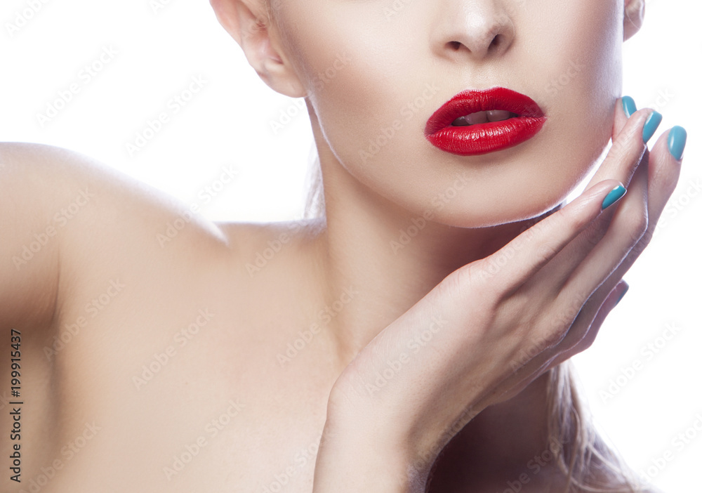 Part of girl face Beauty lips, hand near clean skin. Bright make-up. Facial treatment concept Part of girl face Beauty lips, hand near clean skin. Bright make-up. Facial treatment concept