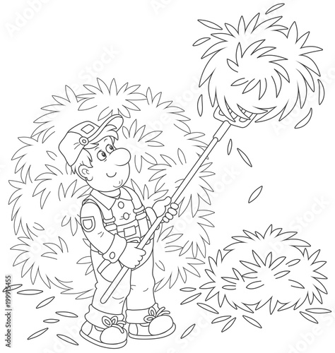 Smiling farmer tedding hay with a pitchfork in a hayloft, a black and white vector illustration in a cartoon style for a coloring book