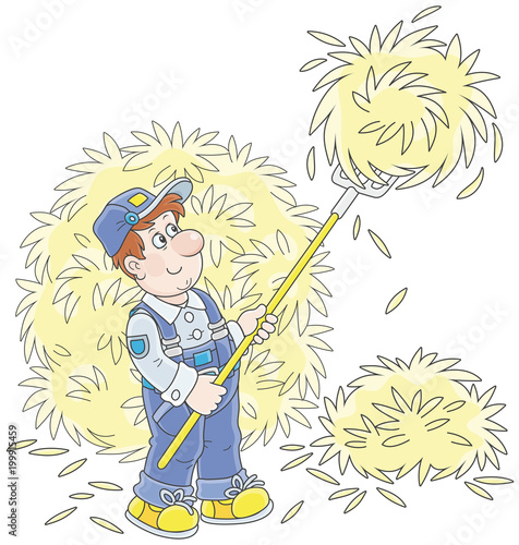 Smiling farmer tedding hay with a pitchfork in a hayloft, a vector illustration in a cartoon style