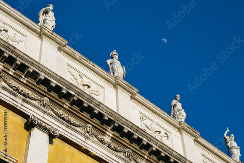 Statues at top of National Library of St Mark's Biblioteca Marciana, Venice, Veneto, Italy.