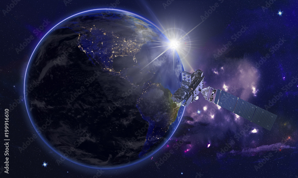 Fototapeta premium satellite in space over America, 3d visualization. 'elements of this image furnished by NASA'