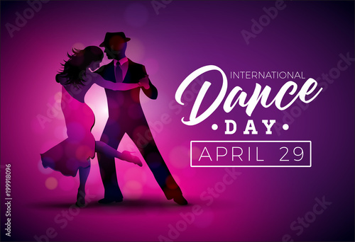 International Dance Day Vector Illustration with tango dancing couple on purple background. Design template for banner, flyer, invitation, brochure, poster or greeting card.