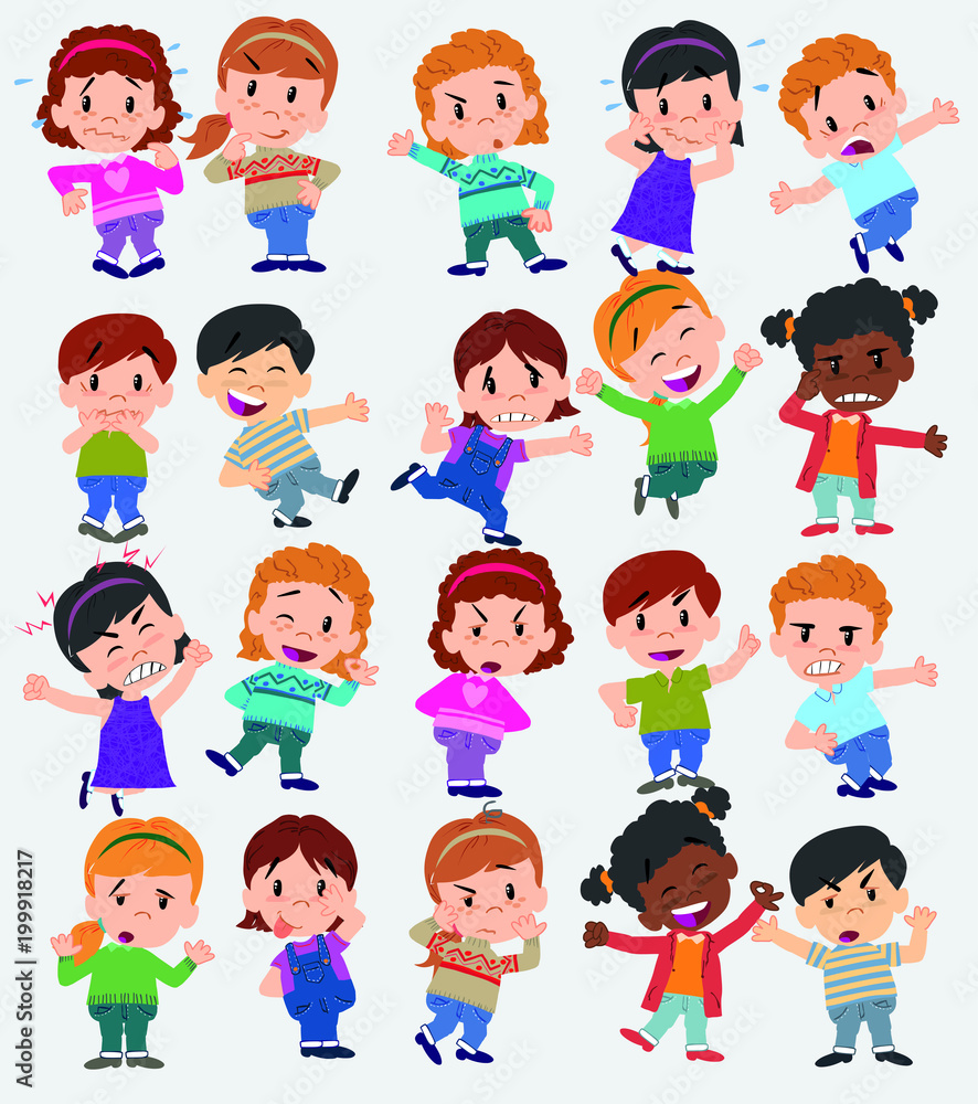 Cartoon character boys and girls. Set with different postures, attitudes and poses, doing different activities. Vector illustrations. Cartoon character boys and girls. Set with different postures, attitudes and poses, doing different activities. Vector illustrations.