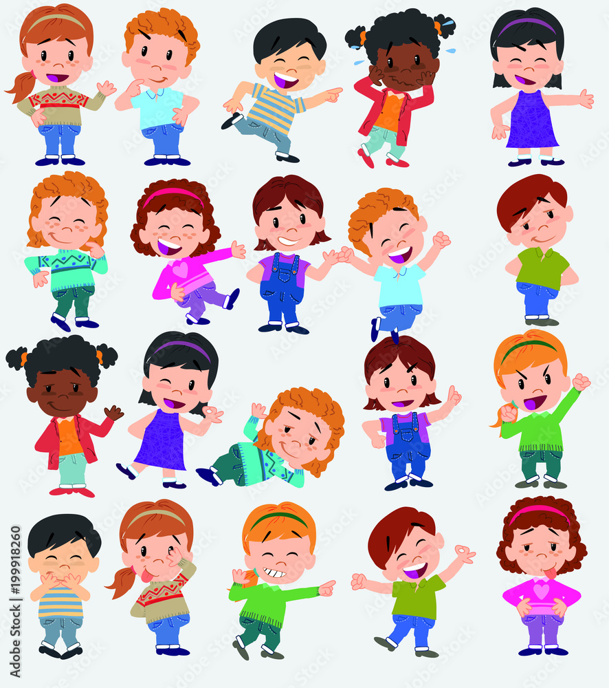 Cartoon character boys and girls. Set with different postures, attitudes and poses, always in positive attitude, doing different activities. Vector illustrations.