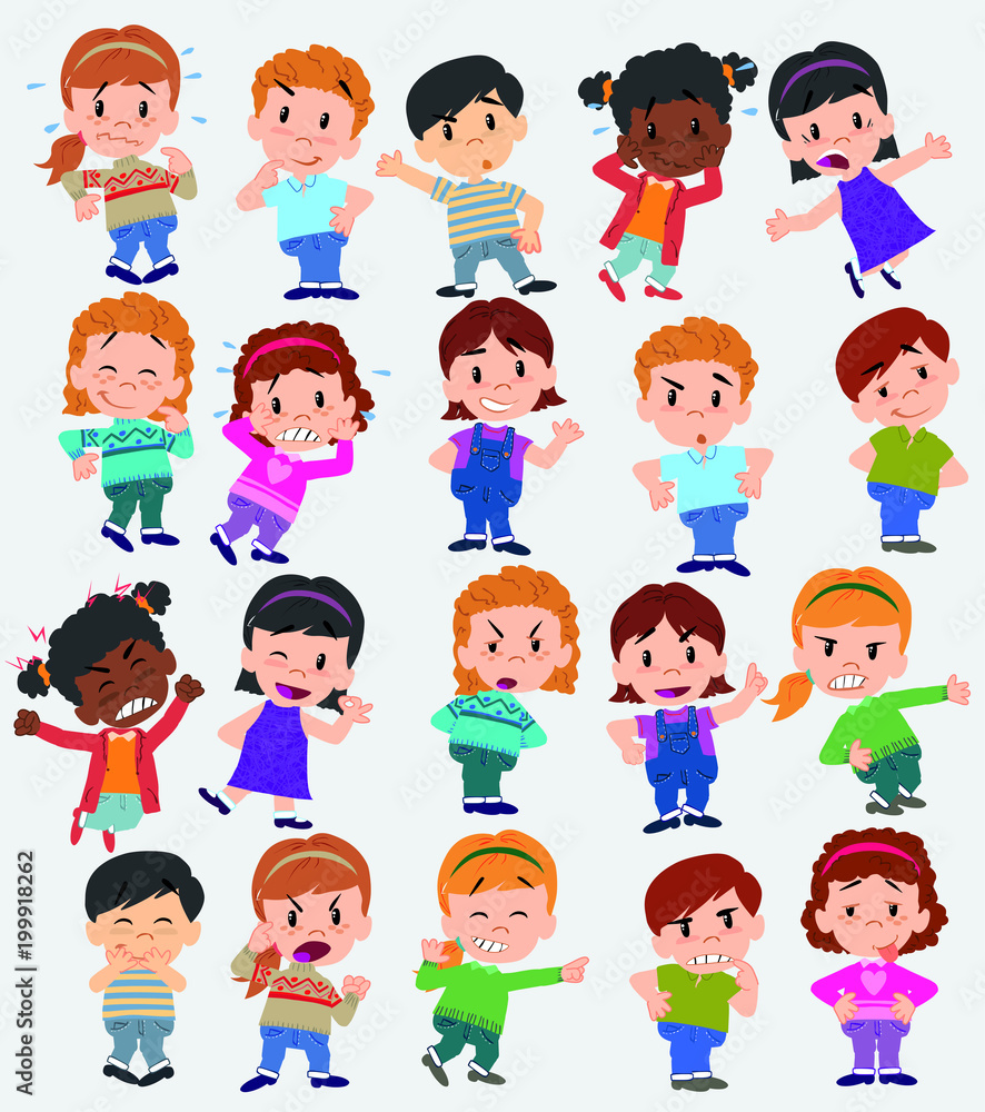 Cartoon character boys and girls. Set with different postures, attitudes and poses, doing different activities. Vector illustrations. Cartoon character boys and girls. Set with different postures, attitudes and poses, doing different activities. Vector illustrations.