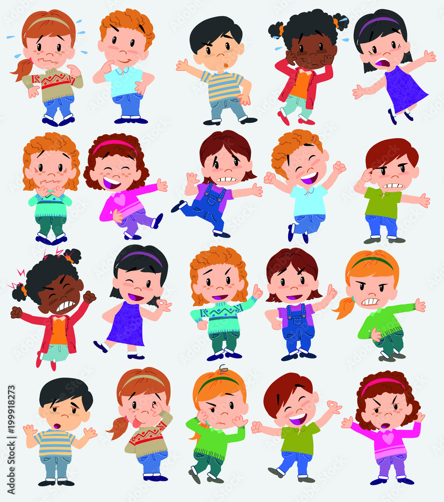 Cartoon character boys and girls. Set with different postures, attitudes and poses, doing different activities. Vector illustrations.