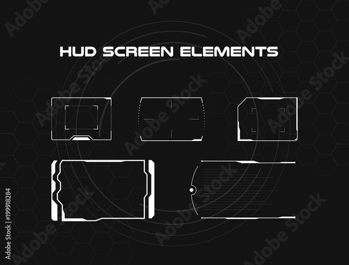 Set of black and white hud screen infographic elements. Head-up display elements for the web and app. Futuristic user interface. Virtual graphic.