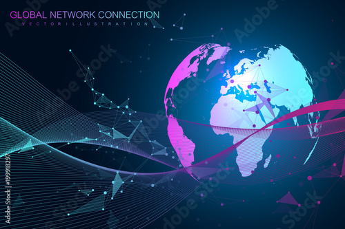 Big data complex world globe. Graphic abstract background communication. Perspective backdrop of depth. Virtual minimal array with compounds. Digital data visualization. Vector illustration Big data.