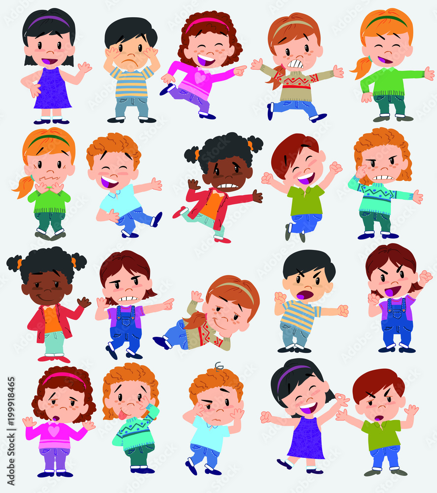 Cartoon character boys and girls. Set with different postures, attitudes and poses, doing different activities. Vector illustrations. Cartoon character boys and girls. Set with different postures, attitudes and poses, doing different activities. Vector illustrations.