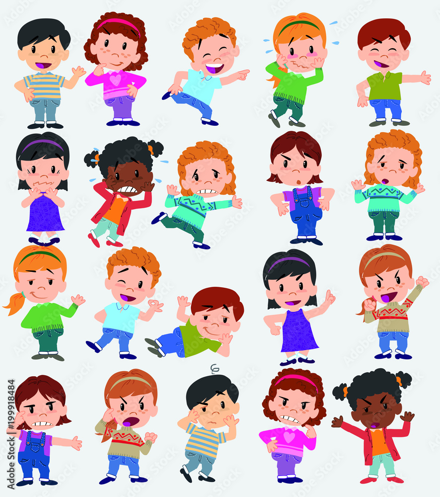 Cartoon character boys and girls. Set with different postures, attitudes and poses, doing different activities. Vector illustrations. Cartoon character boys and girls. Set with different postures, attitudes and poses, doing different activities. Vector illustrations.