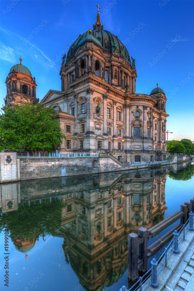 Berlin Cathedral reflected in Spree River at dawn, Germany