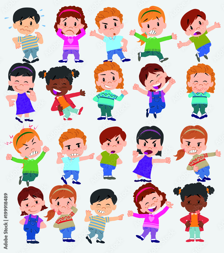 Cartoon character boys and girls. Set with different postures, attitudes and poses, doing different activities. Vector illustrations. Cartoon character boys and girls. Set with different postures, attitudes and poses, doing different activities. Vector illustrations.