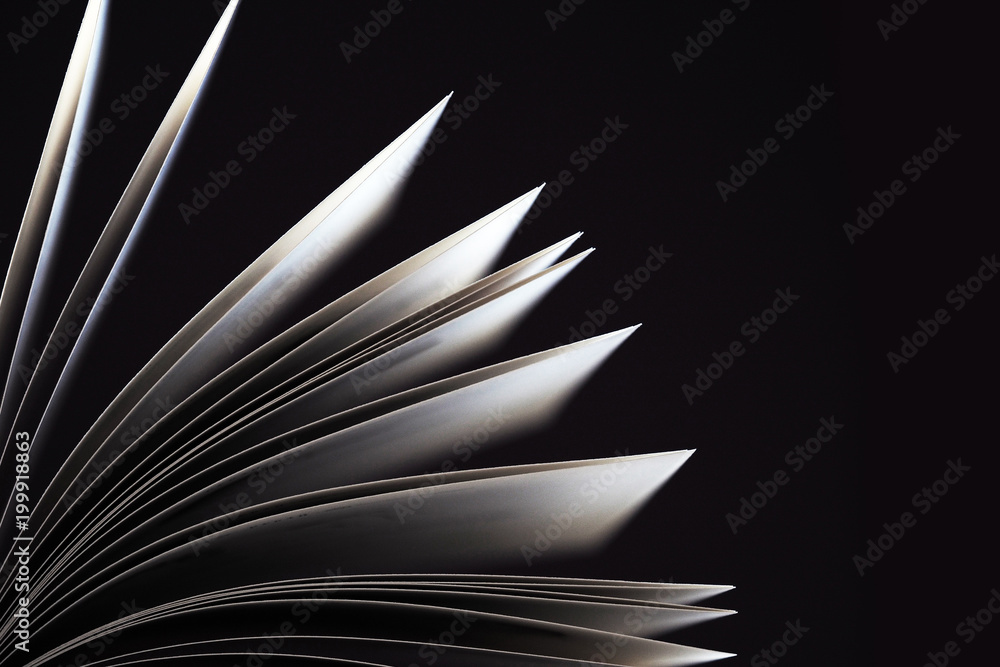 Black and white. Macro view of book pages. Concept of open book, white sheets on dark black background. Education background. Copy space for text. Close-up, selective focus - obrazy, fototapety, plakaty 