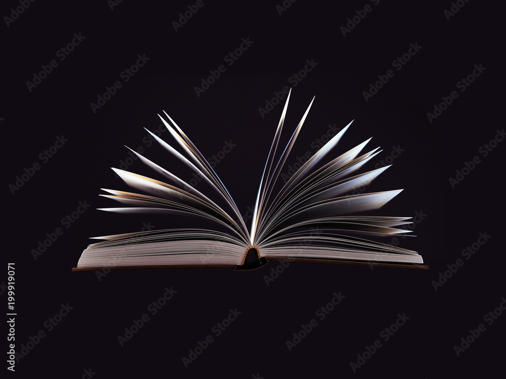 Fototapeta premium Open book, hardback, white sheets on dark black background. Education background. Back to school. Copy space for text. Close-up, selective focus