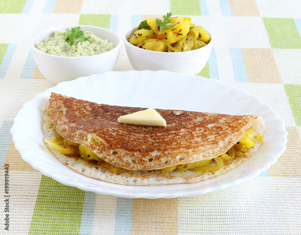 Masala dosa, a south Indian vegetarian, traditional and popular crepe