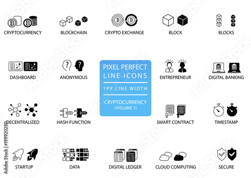 Cryptocurrency (bitcoin, ethereum) thin line vector icon set. Pixel perfect icons with 1 px line width for optimal app and web usage