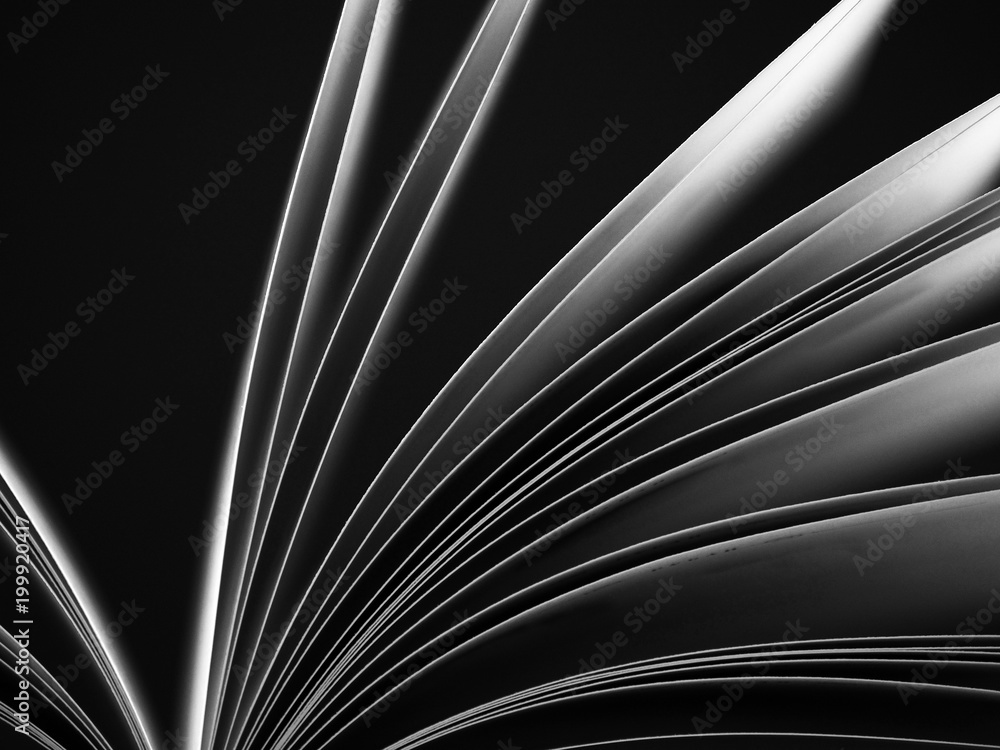 Fototapeta premium Macro view of book pages. Black and white. Concept of open book, white sheets on dark black background. Education background. Close-up, selective focus