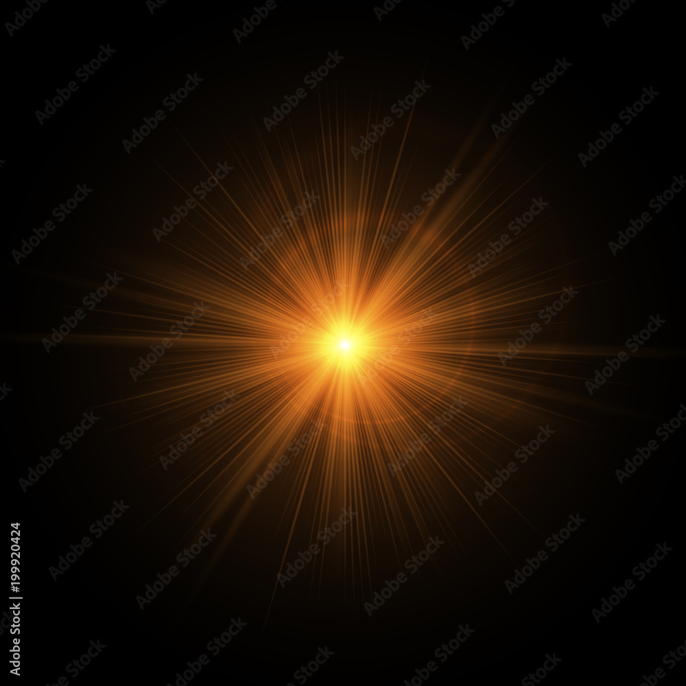 Golden star rays on a black background. Vector illustration with a colorful flash of bright light