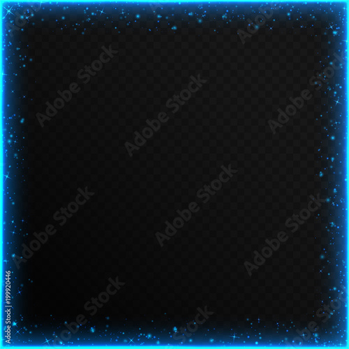 Colorful neon laser frame with bright blue particles and sparkling stars on a transparent background for a Christmas design