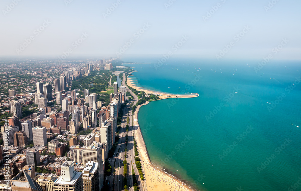 Top view of Michigan lakefront and Chicago Skyline with skyscrapers, Illinois, USA