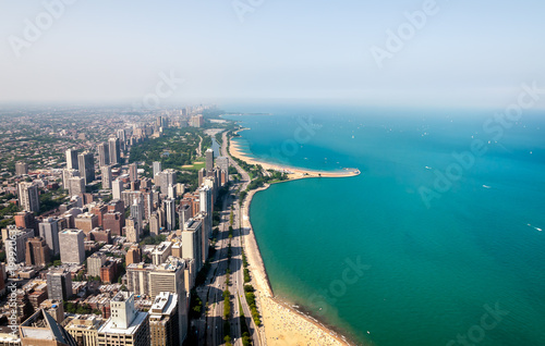 Top view of Michigan lakefront and Chicago Skyline with skyscrapers, Illinois, USA © EleSi