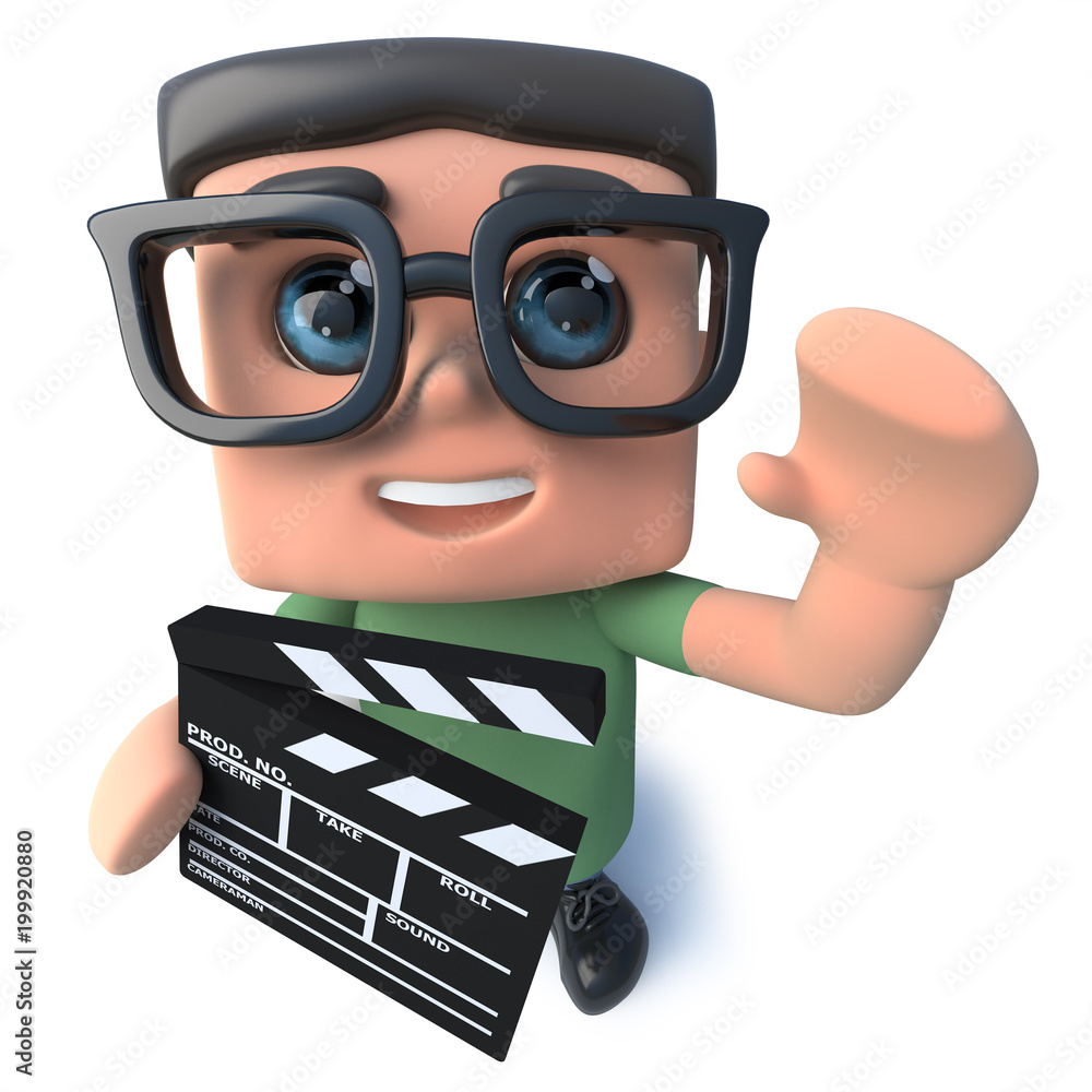 3d Funny cartoon nerd geek character holding a movie making clapperboard  Stock Illustration | Adobe Stock