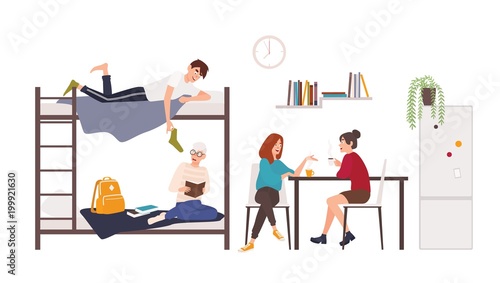 Male and female students spending time in college dormitory room. Young men and women drinking coffee, talking, preparing for exam in university residential area. Flat cartoon vector illustration.