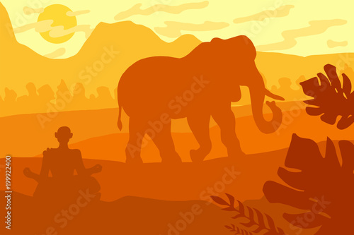 Indian tropical landscape with elephant and monk