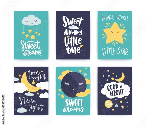 Bundle of colorful poster or flyer templates with Good Night and Sweet Dreams wishes with elegant lettering handwritten with calligraphic cursive font, clouds and stars. Flat vector illustration.
