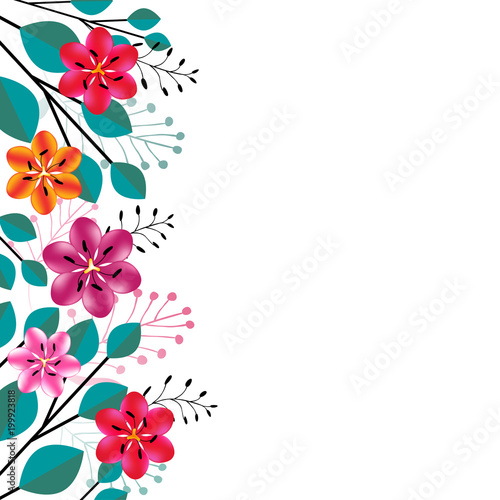 Flowers. Abstract floral background. Multicolored pattern. Bright. Border. Red. Pink. Purple. Leaves. Bouquet. Frame.