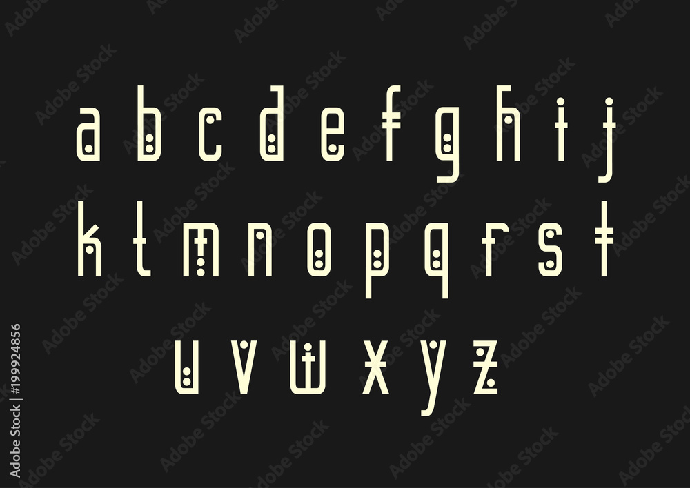 Vector alphabet set. Lowercase letters in geometric ethnic style with points. For hipster theme, music album cover design. Vector alphabet set. Lowercase letters in geometric ethnic style with points. For hipster theme, music album cover design.