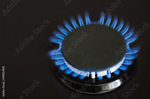 Burning blue gas on the dark stove. Burner gas stove, concept of energy. Closeup, selective focus © marketlan