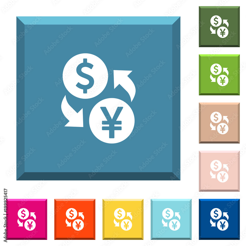 Dollar Yen money exchange white icons on edged square buttons Dollar Yen money exchange white icons on edged square buttons