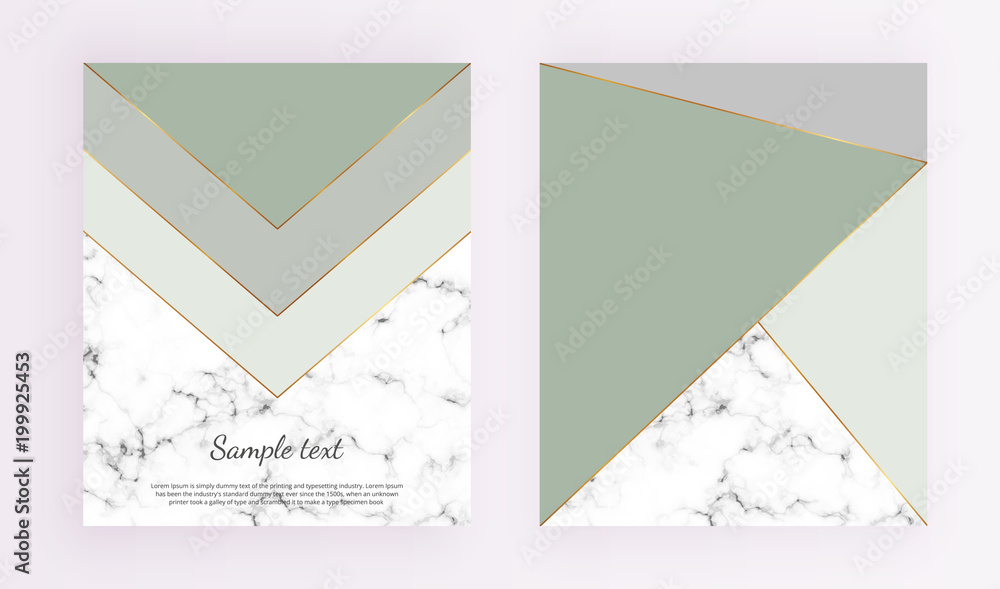 Geometric cover designs, triangles with gold, green and grey colors and marble texture background. Template for design invitation, card, banner, wedding, baby shower, placard, party,