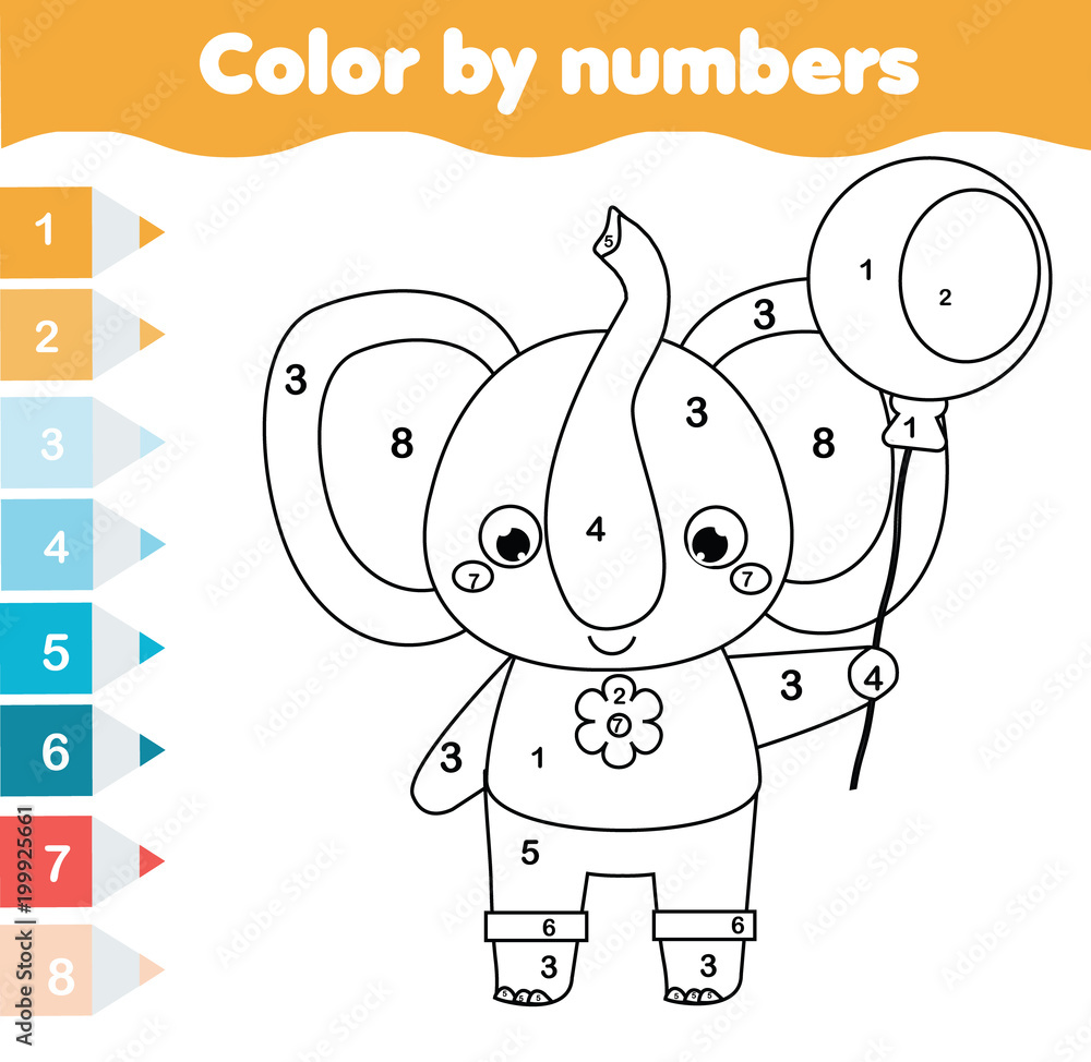 Children educational game. Coloring page with elephant. Color by