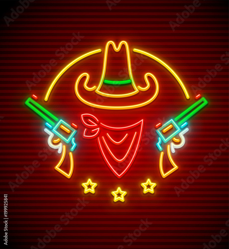 Texan western hat with guns. Neon signboard for bar or club.