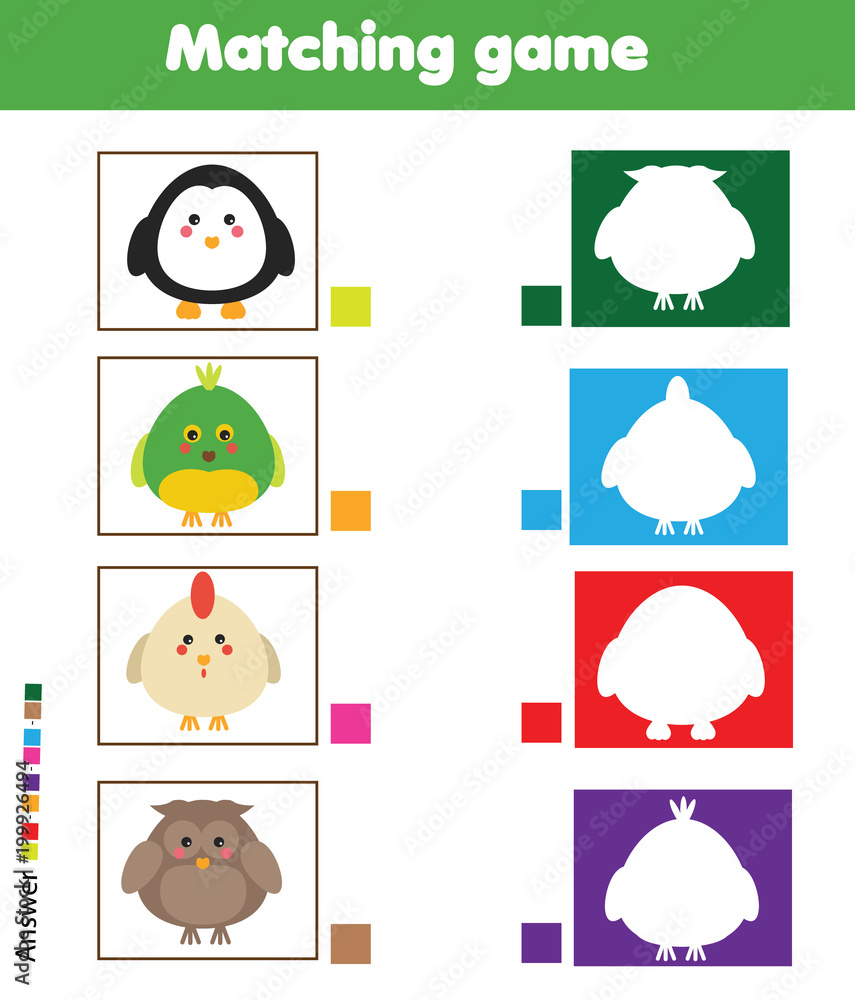 Matching children educational game. Kids activity. Match animal with silhouette