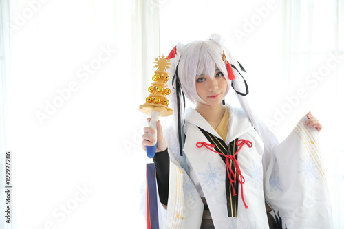 Japan anime cosplay , white japanese miko in white tone room