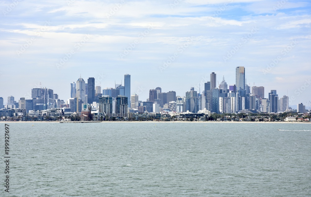 Panorama of Melbourne city skyline as viewed from Port Phillip Bay