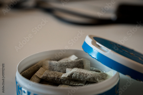 Φωτογραφία Snus - a box of Snus, a moist powder tobacco product widely consumed in Norway a