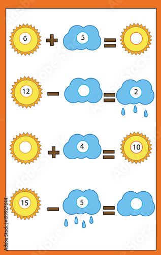 Counting educational children game, math kids activity. Complete equations worksheet. Learning mathematics, addition and subtraction