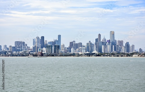 Panorama of Melbourne city skyline as viewed from Port Phillip Bay